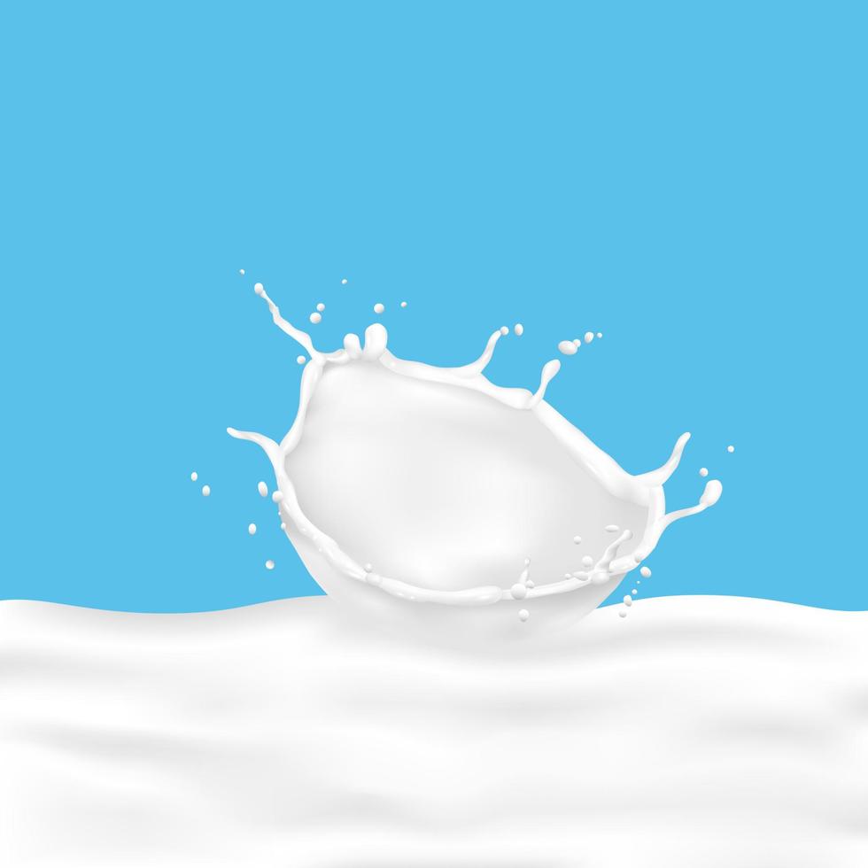realistas derramando salpicos de leite no fundo azul vetor