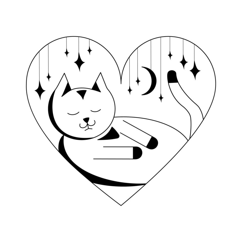 Preto e branco ilustração do uma dormindo gato dentro uma coração. doce sonhos. Projeto elemento. tatuagem. minimalista vetor ilustração