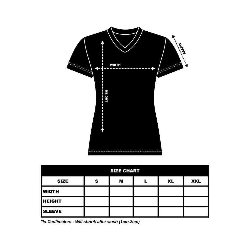 curto manga t camisa Tamanho gráfico, mulher redondo, quadrado e v pescoço. técnico desenhando moda plano esboço vetor ilustração