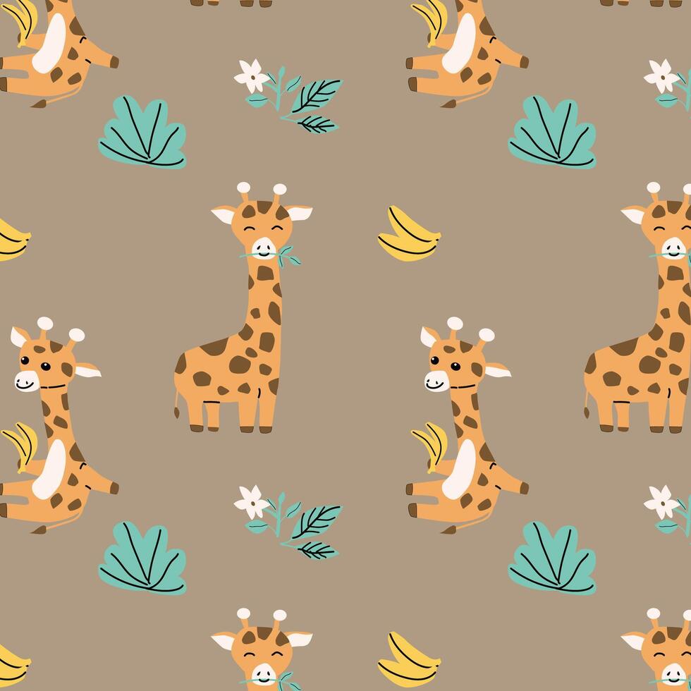 desatado bebê fundo - girafa e tropical folhas vetor