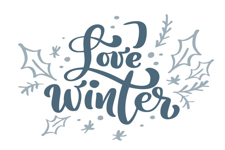 Ame o texto azul do vetor da rotulação da caligrafia do vintage do Natal do inverno com o inverno que tira a decoração escandinava. Para design de arte, estilo de brochura de maquete, capa de ideia de bandeira, folheto de impressão de livreto, cartaz