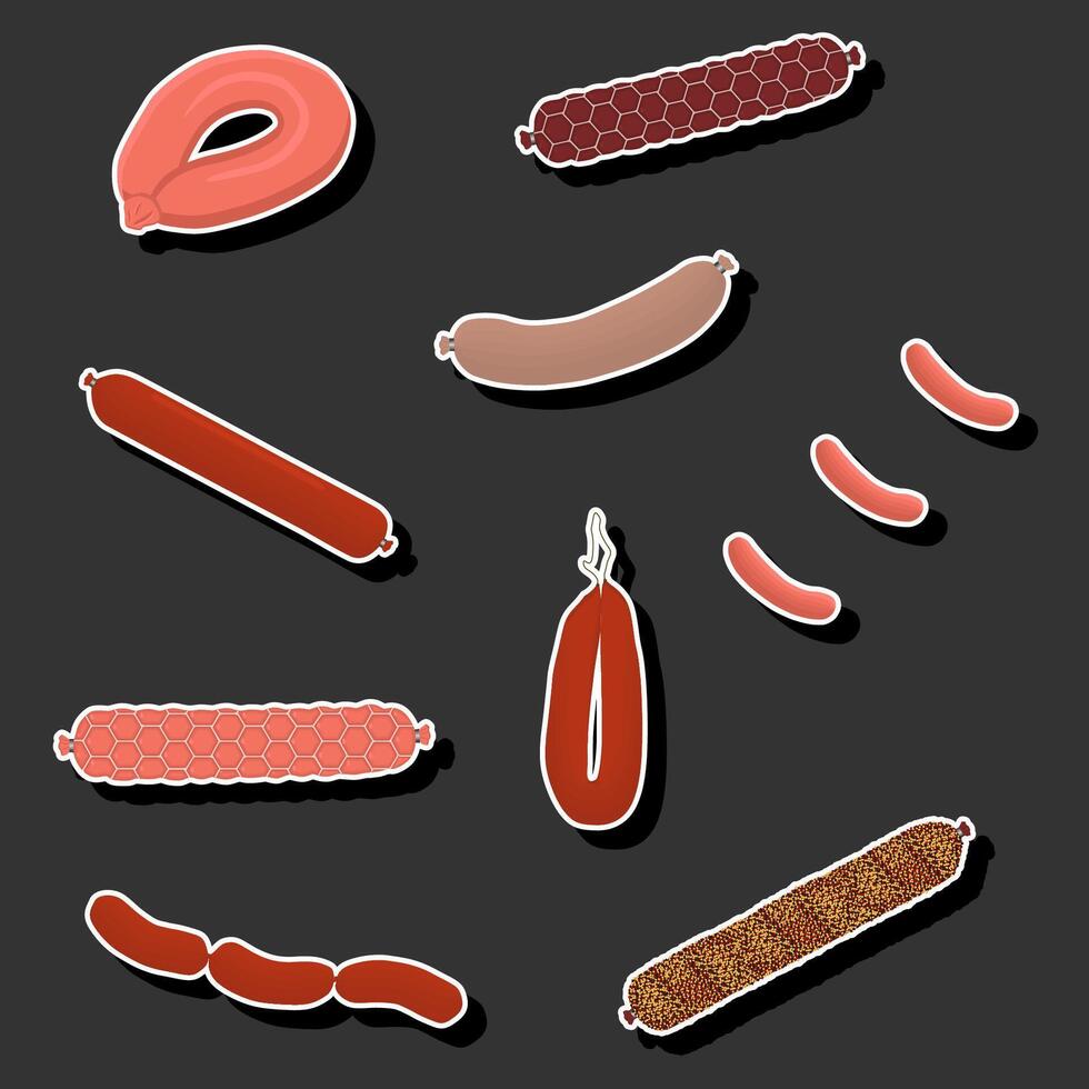 ilustração sobre o tema grande conjunto de diferentes tipos de salsichas de charcutaria vetor