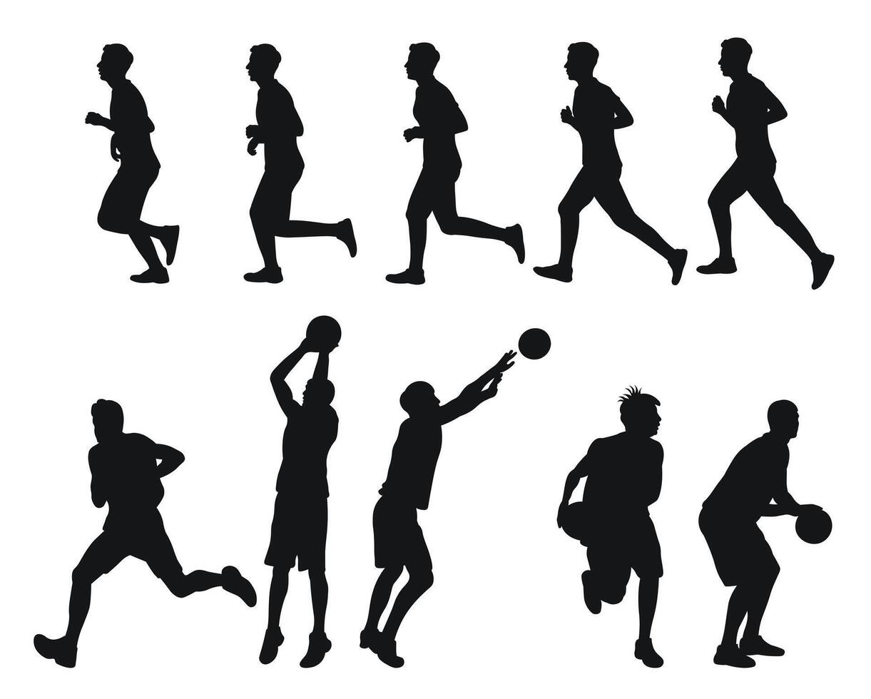 vetor conjunto do masculino basquetebol jogadoras silhuetas, atletas corredores. basquetebol, atletismo, correndo, cruzar, correndo, corrida, caminhando