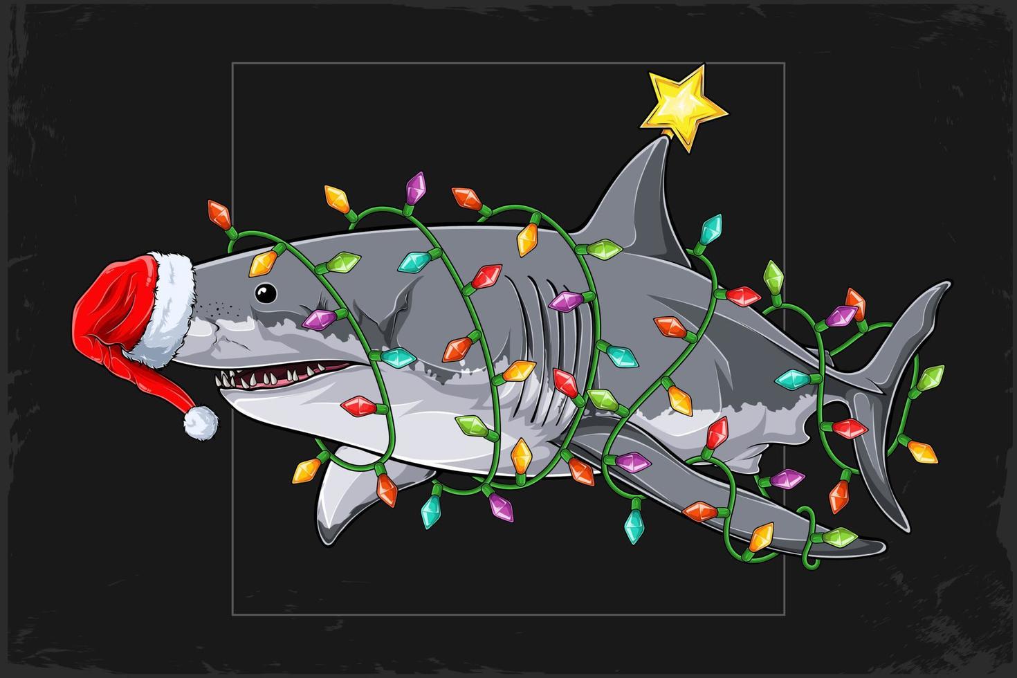 Natal grande tubarão branco com chapéu de papai noel e rodeado por luzes de árvore de natal vetor