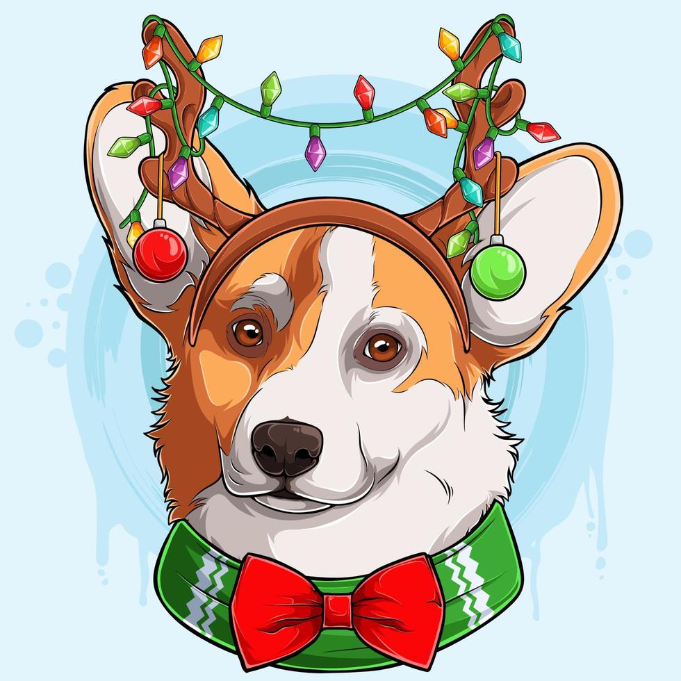 Natal engraçado welsh corgi pembroke cão cabeça usando chifres de rena com luzes cachorro corgi natal vetor