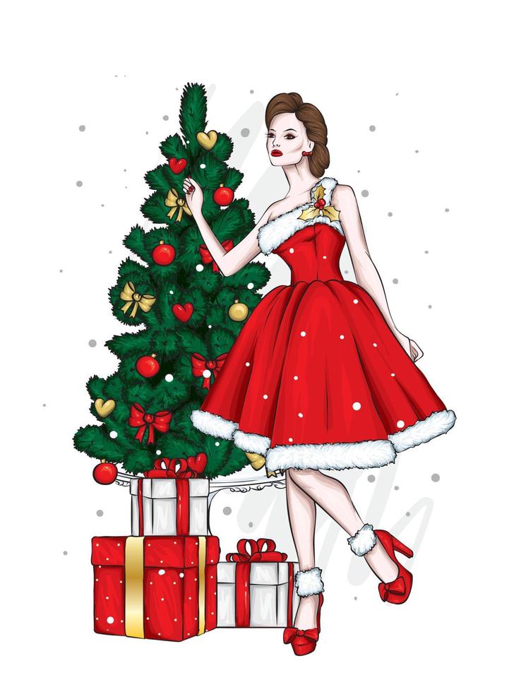 linda garota com roupas elegantes e uma árvore de Natal. ano novo e natal, moda e estilo. vetor