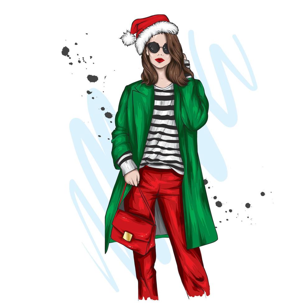 menina bonita com roupas de Natal. moda e estilo, roupas e acessórios. vetor