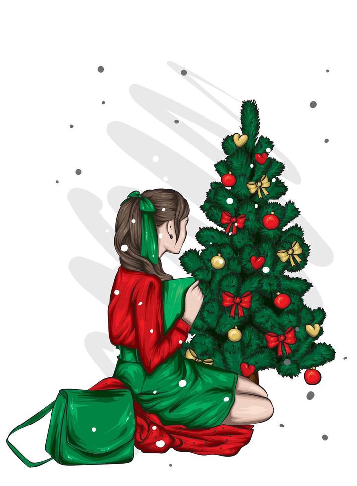 linda garota com roupas elegantes e uma árvore de Natal. vintage e retro, moda e estilo. vetor
