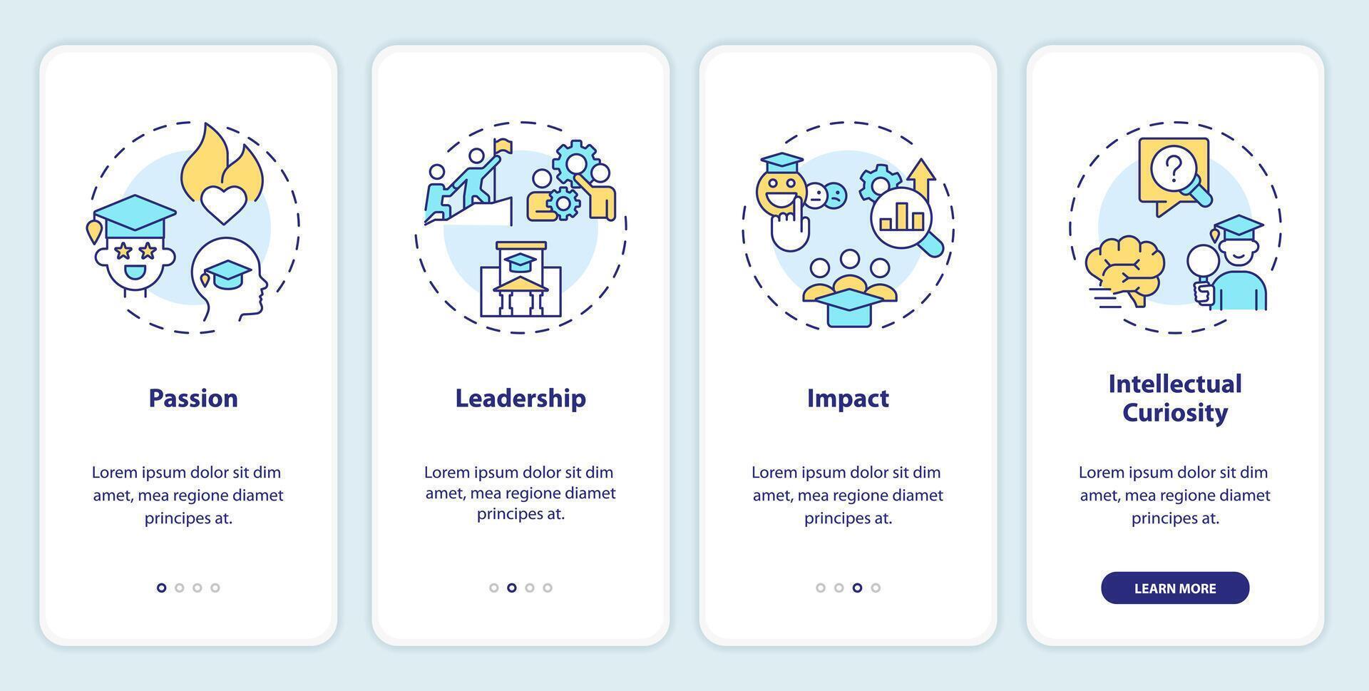 2d ícones representando chave qualidades dentro candidato para admissão Móvel aplicativo tela definir. passo a passo 4 passos colorida gráfico instruções com linha ícones conceito, interface do usuário, ux, gui modelo. vetor