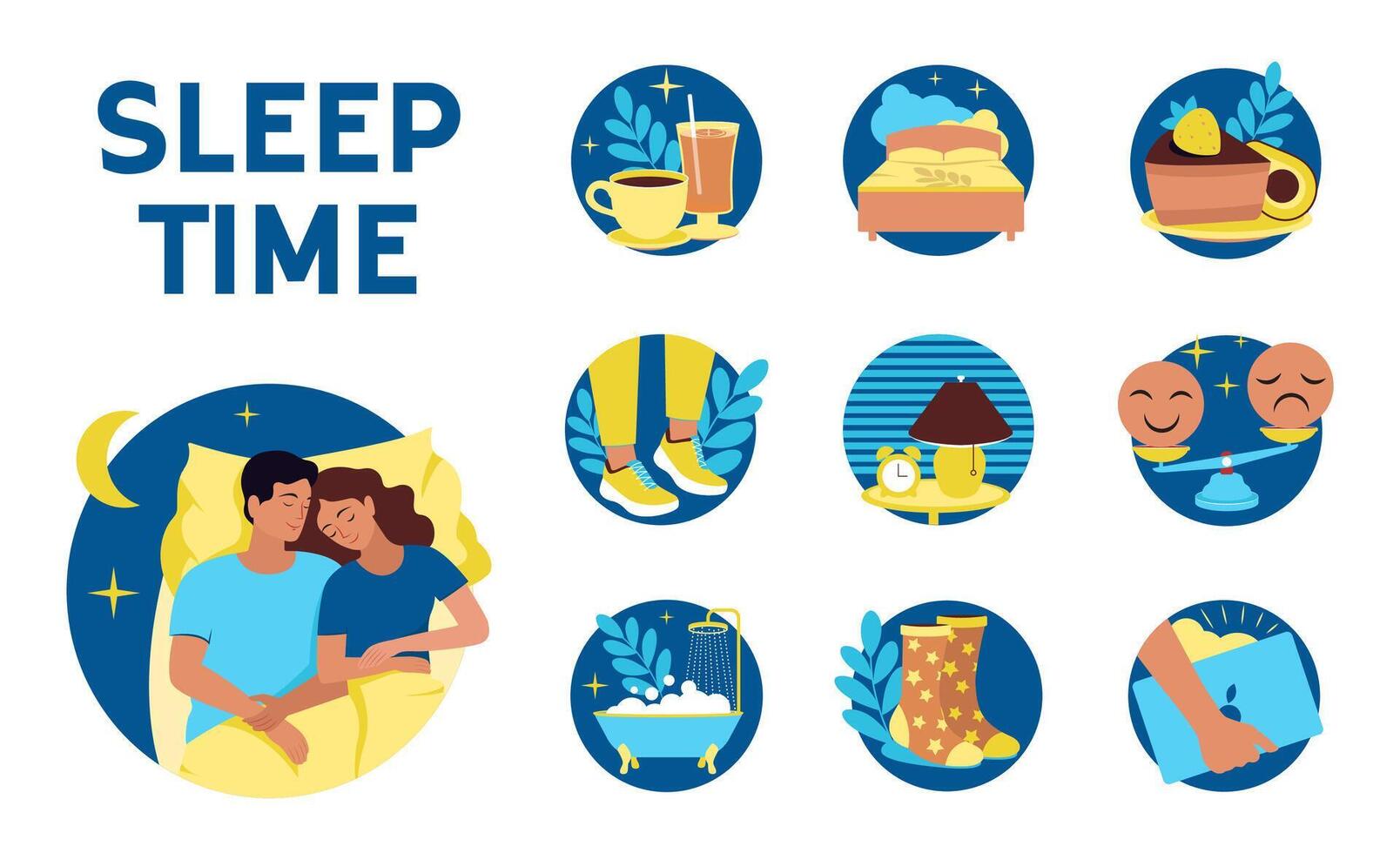 conjunto do logotipo para dormir Tempo infográfico. a médico modelo inclui dicas Boa noite Sonhe ícones vetor