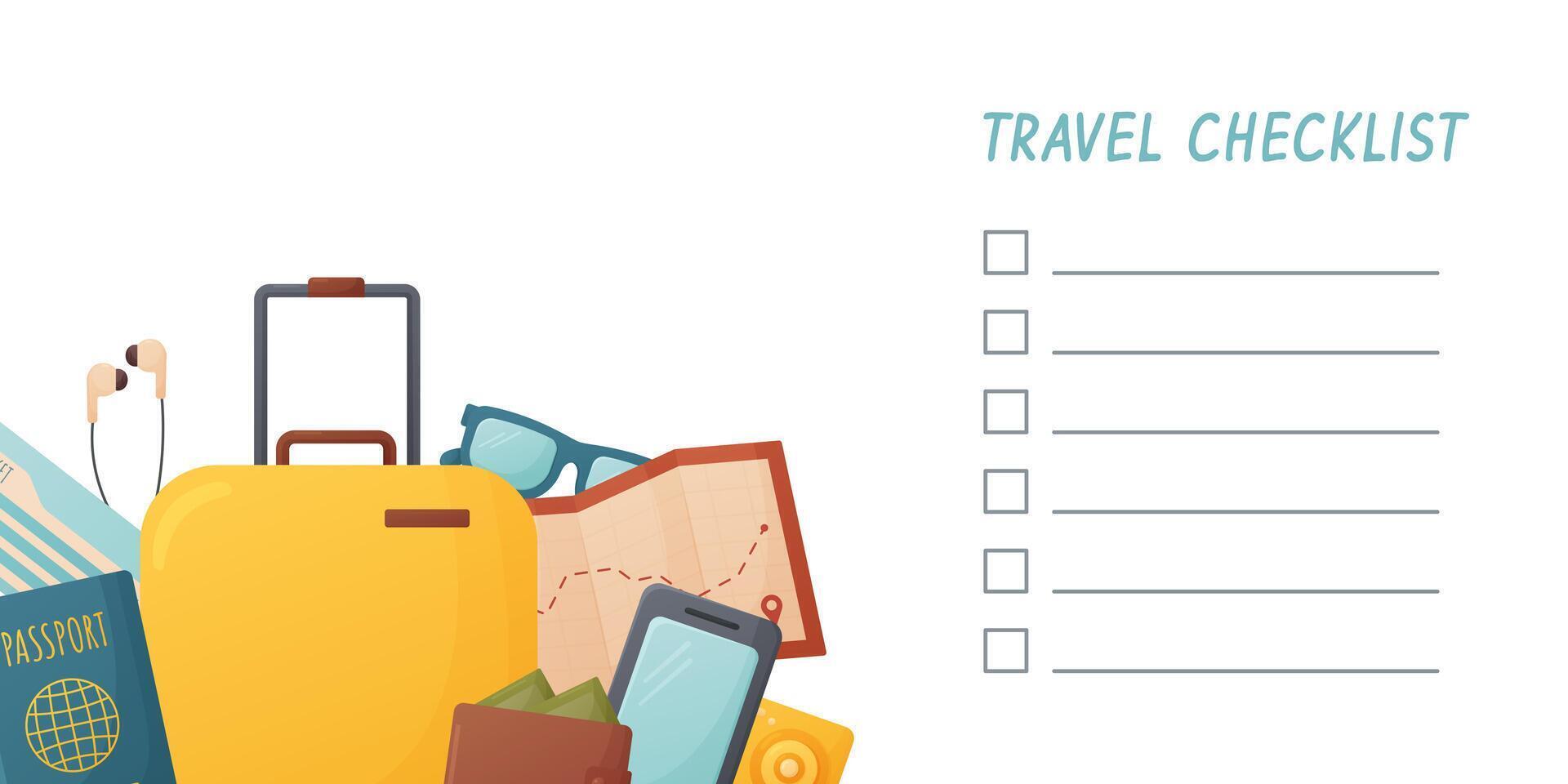 embalagem lista, Verifica Lista para viagem, planejamento, preparando para férias, viagem, jornada, bagagem, Passaporte, bilhete, mapa, telefone, carteira, vetor ilustração