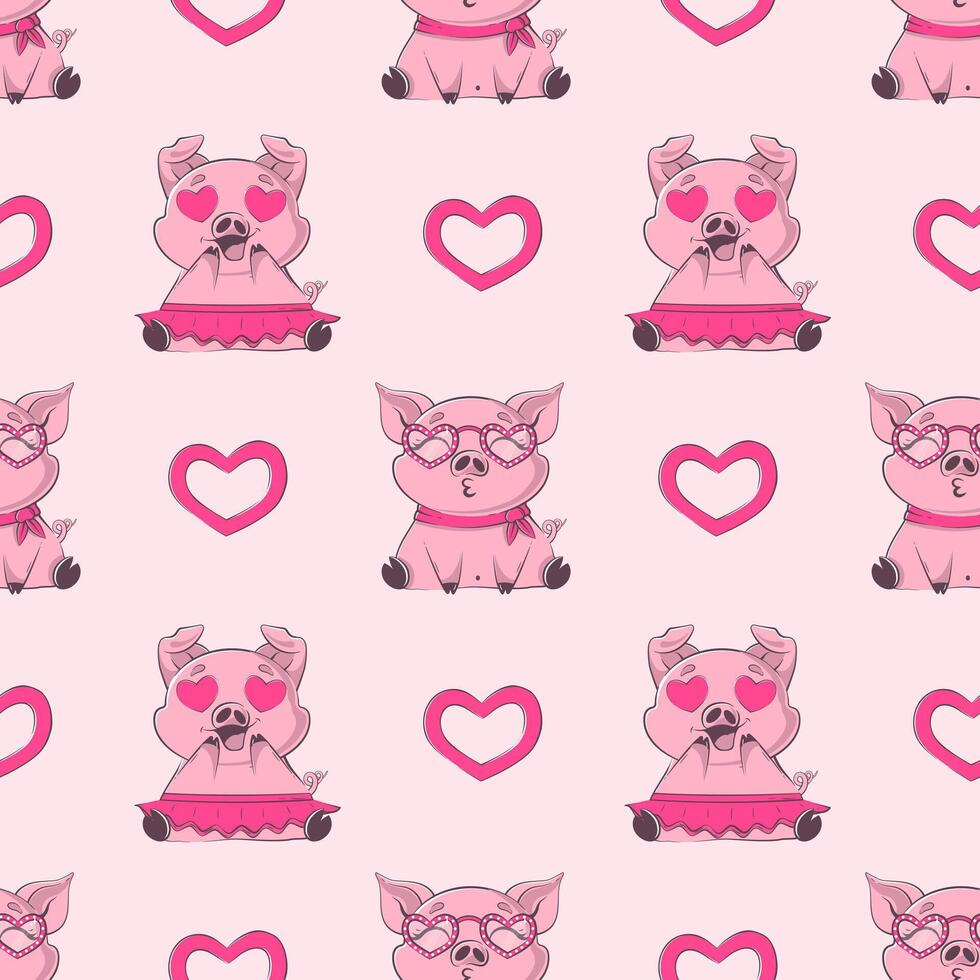 desatado padronizar com kawaii porco dentro amor, coração, presente. dia dos namorados dia festa, férias, feriado conceito.vetor ilustração para produtos projeto, papel de parede, invólucro papel vetor