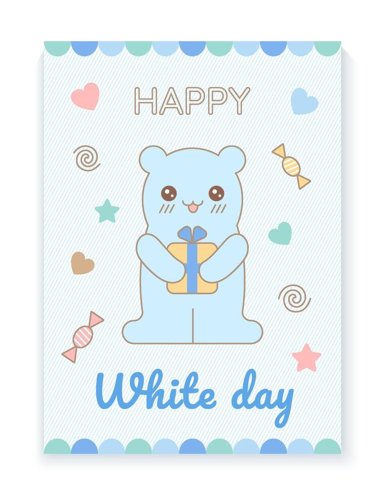 feliz branco dia cartão modelo. vetor ilustração para cumprimento cartão ou poster. kawaii Urso e doces dentro pastel cor.