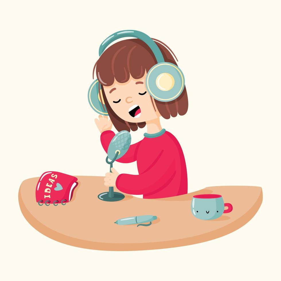 ilustração em vetor plana podcasting. linda garota com fones de ouvido, gravando um podcast. jovem podcaster falando no microfone. conceito de radiodifusão. personagem em estilo cartoon.