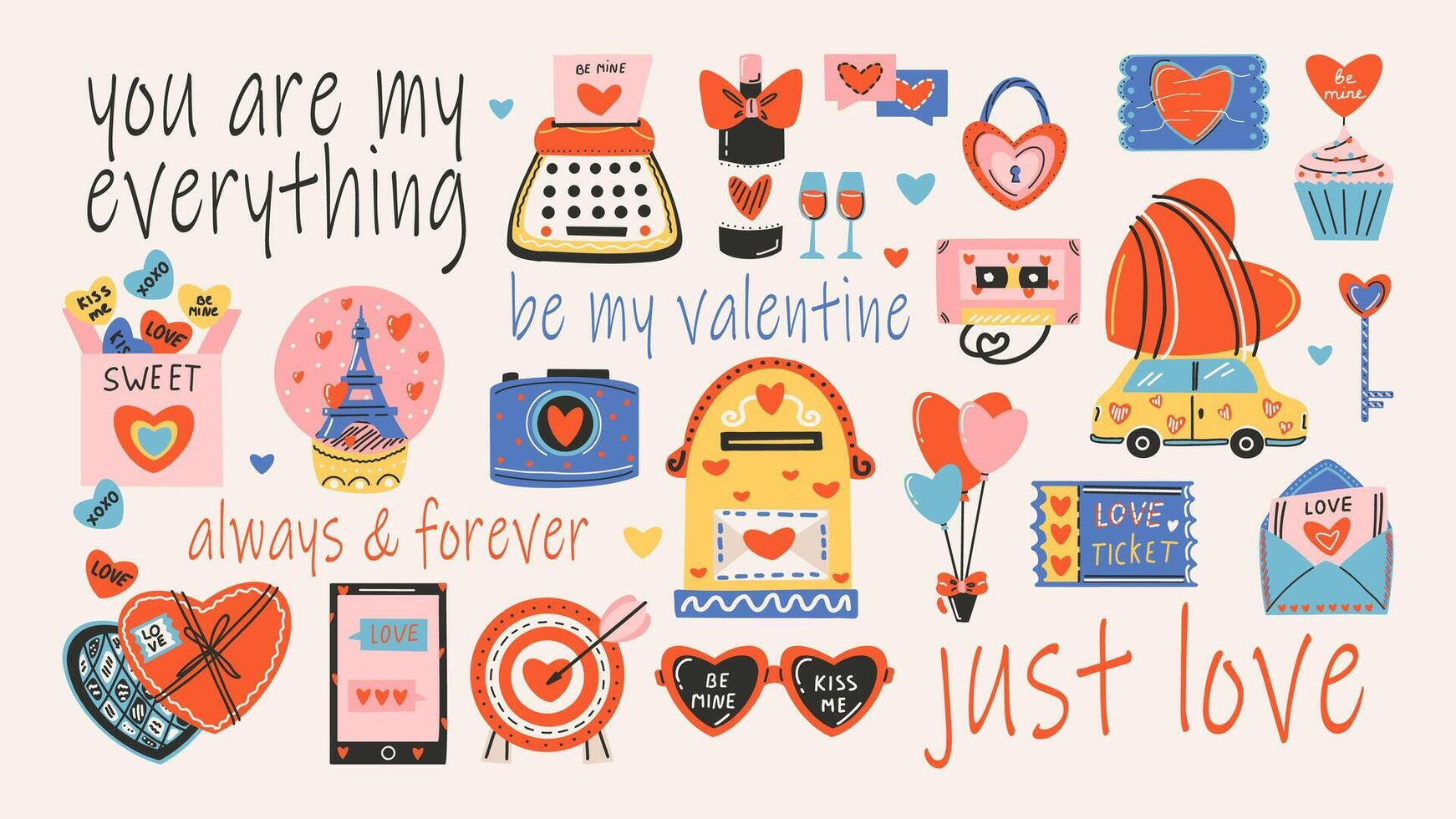 bandeira para santo dia dos namorados dia, 14 fevereiro. mão desenhado cartões com amor elementos, coração, texto. vetor