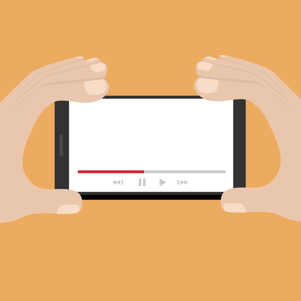 telefone celular com player de vídeo na tela nas mãos humanas. vetor