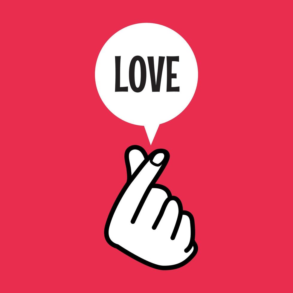 símbolo de sinal de coração de dedo com texto de balão de amor. vetor