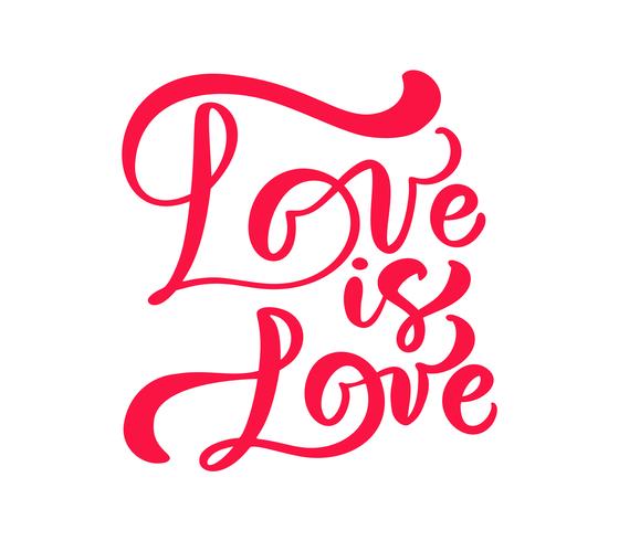 Caligrafia vermelha palavra amor é amor. Vector dia dos namorados mão desenhada letras. Cartão do Valentim do projeto do feriado do coração. decoração de amor para web, casamento e impressão. Ilustração isolada