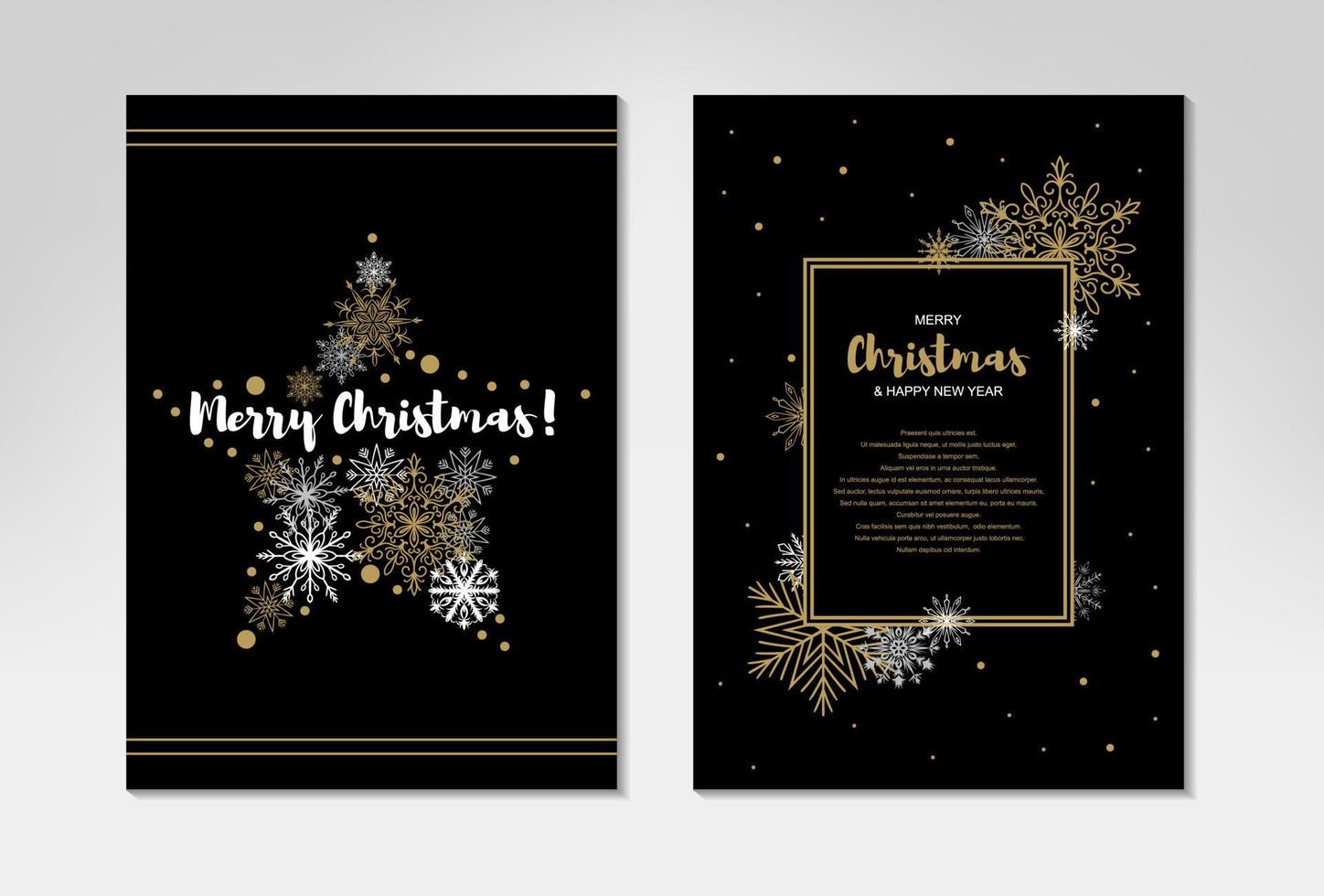 vertical feliz Natal e feliz ano novo dois lados cartão com lindos flocos de neve dourados sobre fundo preto. design para redes sociais, massagens, anúncios. espaço para texto vetor
