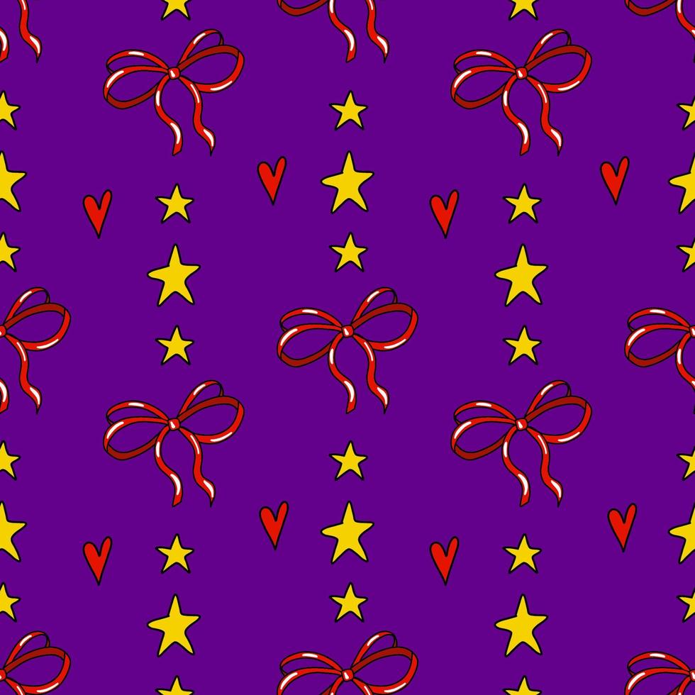 padrão sem emenda de vetor com laço vermelho, estrelas e herts isolados no fundo violeta