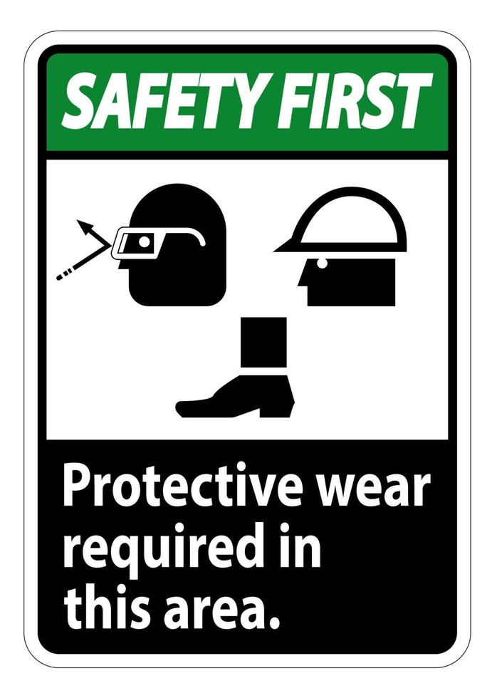 O uso de proteção de primeiro sinal de segurança é obrigatório nesta área.  com símbolos de óculos de proteção, capacete e botas em fundo branco  3784759 Vetor no Vecteezy