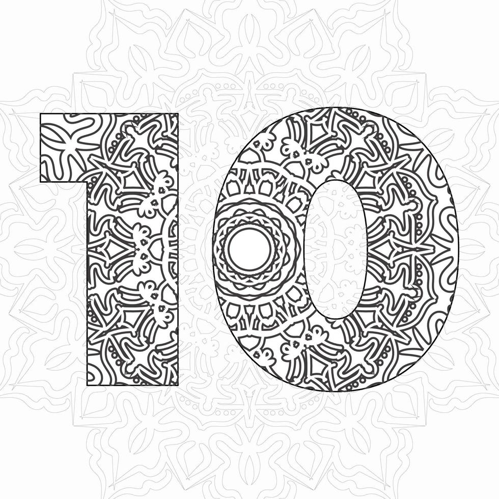 número 10 com mandala. ornamento decorativo em estilo oriental étnico. página do livro para colorir. vetor