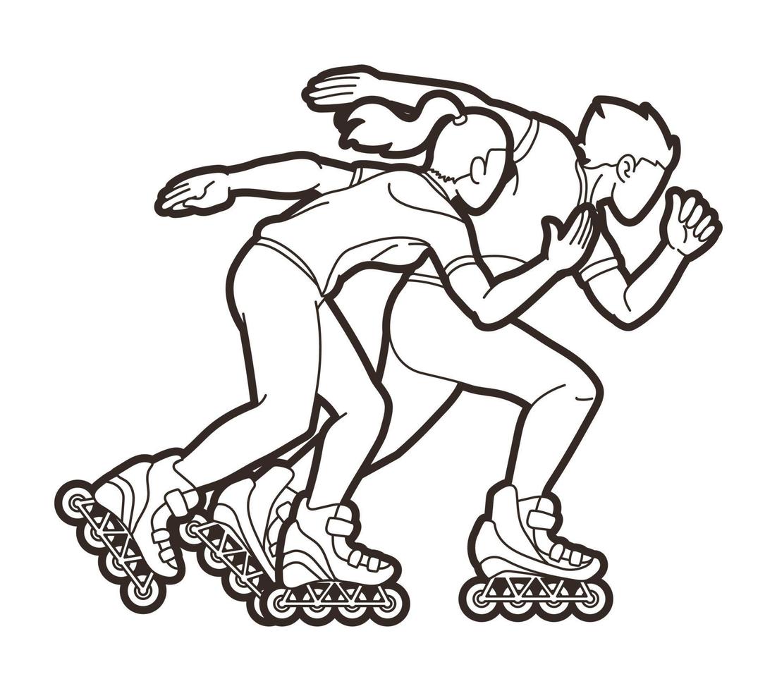 delinear a ação do grupo de jogadores de patins correndo juntos vetor
