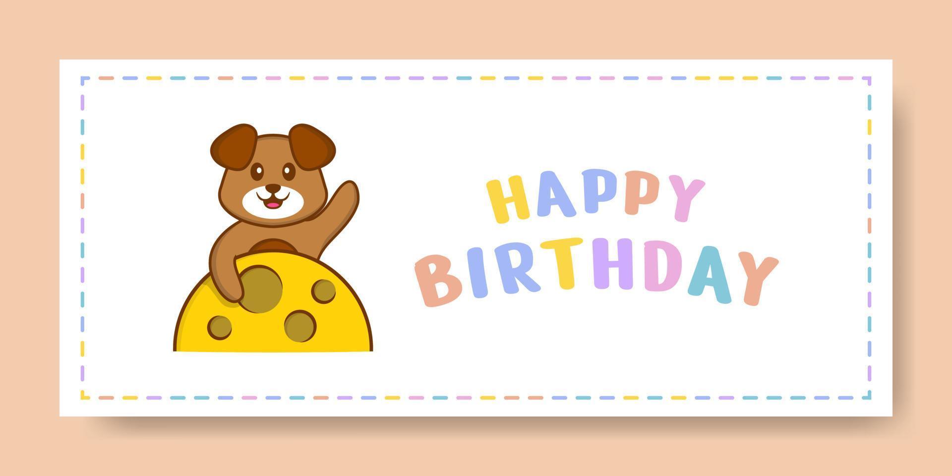 banner de feliz aniversário com personagem de desenho animado de cachorro bonito. ilustração vetorial vetor