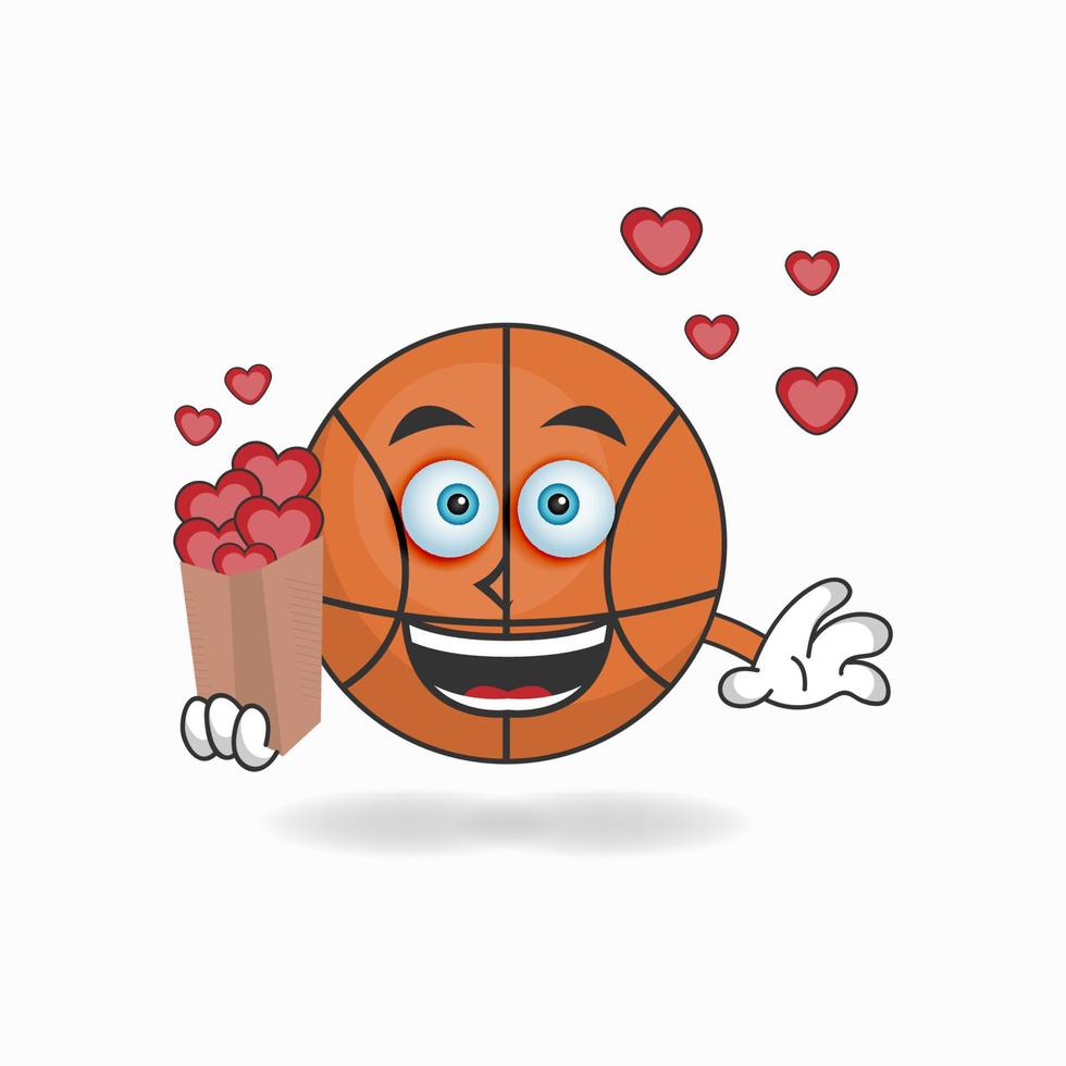 personagem do mascote do basquete segurando um ícone de amor. ilustração vetorial vetor