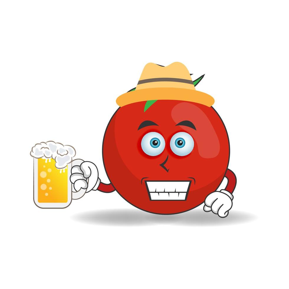 o mascote do tomate está segurando um copo cheio de uma bebida. ilustração vetorial vetor