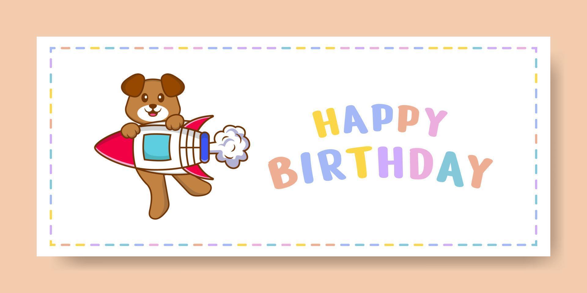 banner de feliz aniversário com personagem de desenho animado de cachorro bonito. ilustração vetorial vetor