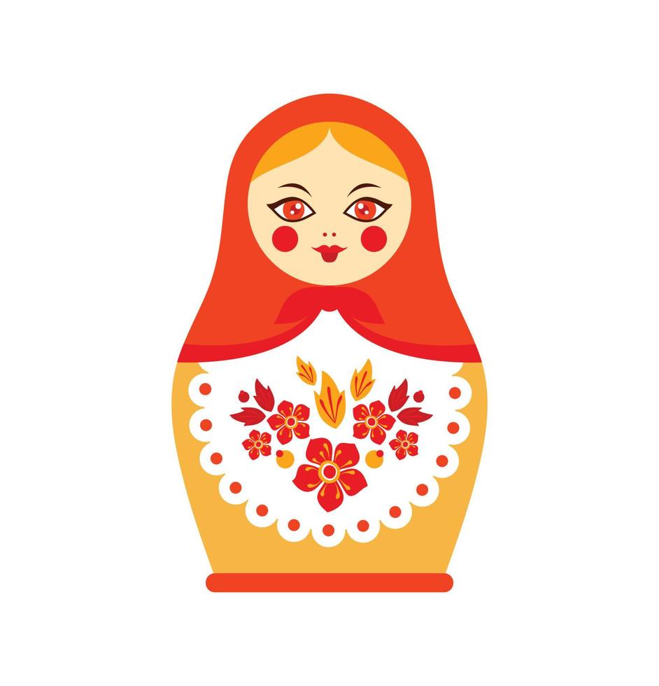 babushka-matryoshka, boneca russa tradicional de madeira decorada com flores pintadas, ilustração vetorial de artes e ofícios populares em estilo de desenho animado no fundo branco. vetor