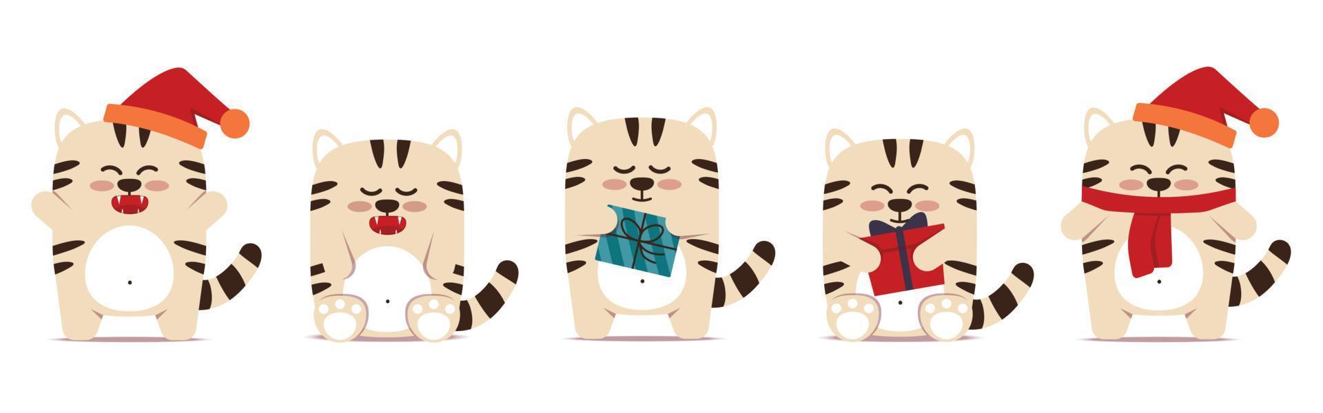 gatinhos gatinhos tigres em um estilo simples. o símbolo do ano novo chinês 2022. um animal com um boné de natal, com um presente em uma caixa. um tigre branco mal-humorado e zangado se senta e se levanta. decoração de berçário. vetor