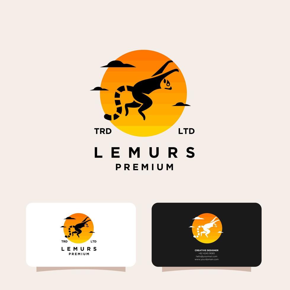 logotipo de vetor de cauda em anel de lêmures pretos premium com cartão de visita