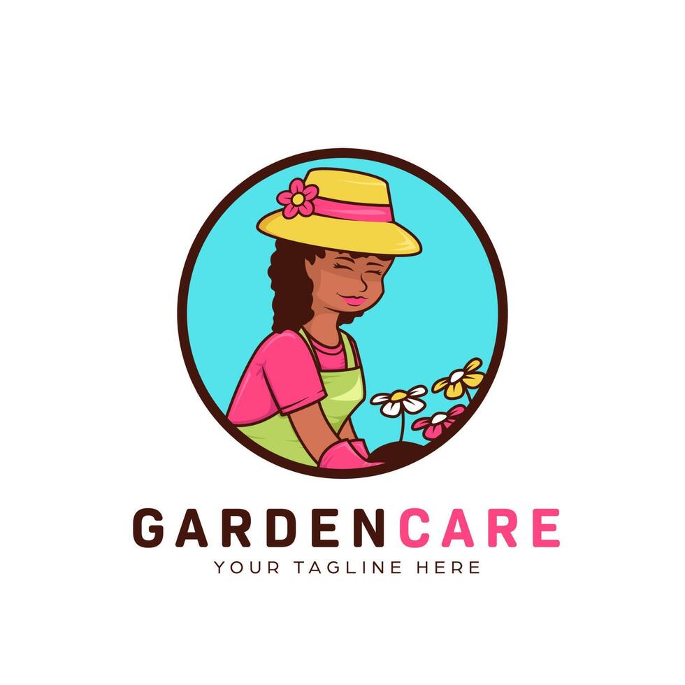 flor jardinagem panorama e tratamento do relvado logotipo com humilde africano jardineiro mulher mascote ícone ilustração vetor