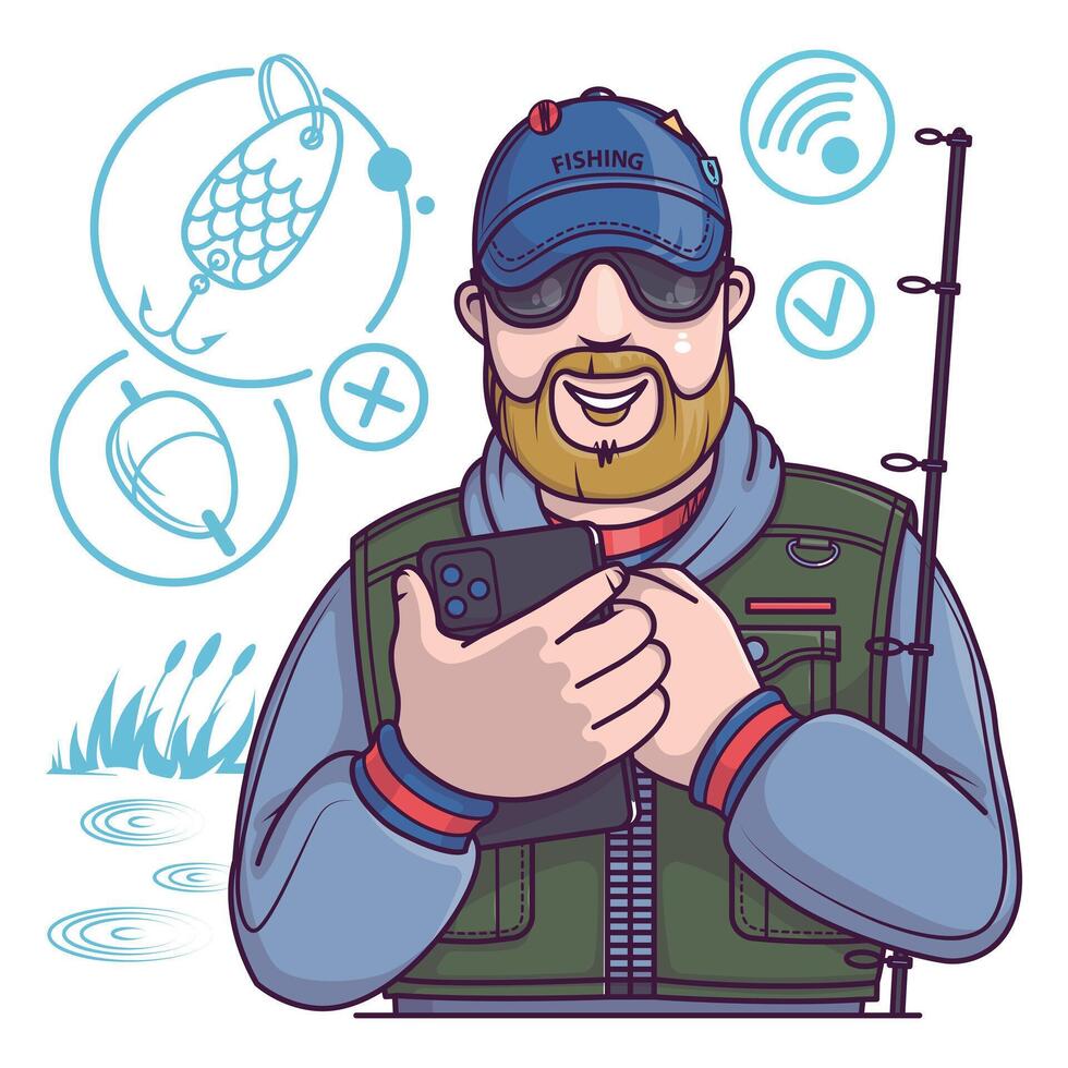 pescador dentro uniforme segurando Smartphone e escolhe equipamento de peixe vetor