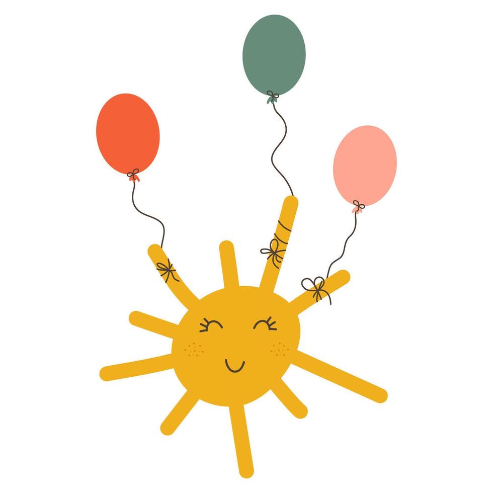 uma alegre Sol moscas em 3 quente ar balões. fofa feriado desenho animado personagem dentro simples crianças mão desenhado estilo. vetor