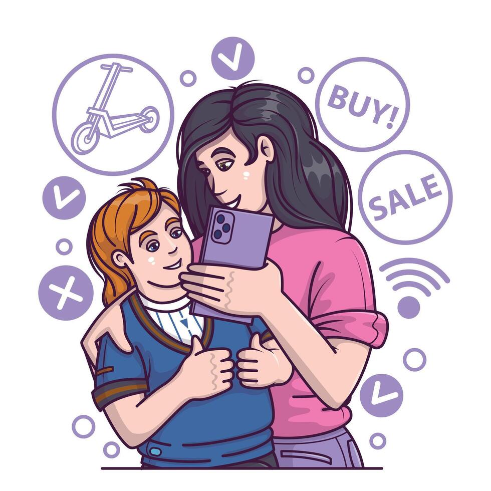 mulher abraçando filha e comprando pontapé lambreta através da Smartphone vetor