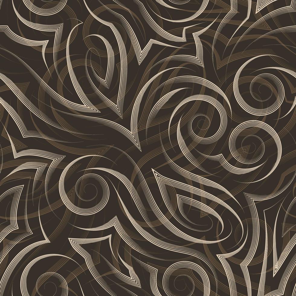 Vector bege sem costura padrão desenhado com uma caneta ou liner para decoração em um fundo marrom. linhas suaves e desiguais na forma de espirais de cantos e loops