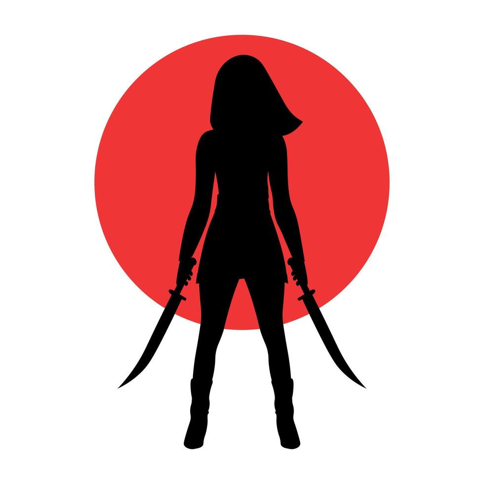 silhueta Guerreiro mulher com espadas em uma fundo vermelho Sol. vetor ilustração