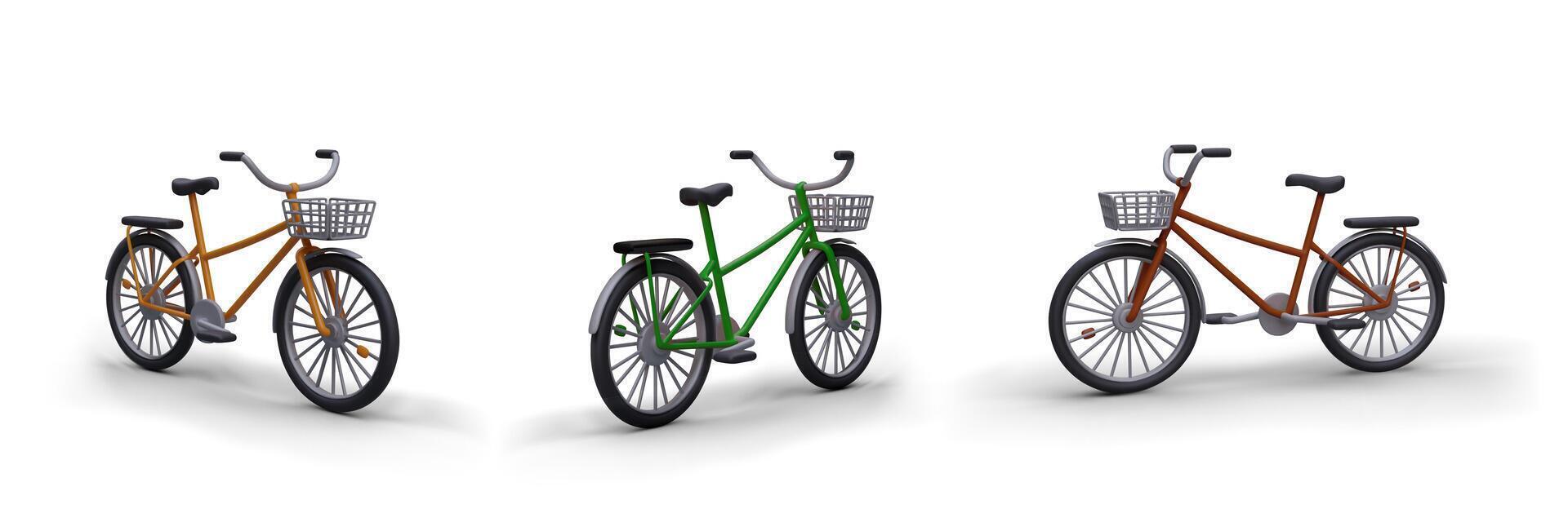 conjunto do realista bicicletas dentro diferente cores. 3d bicicletas com cestas vetor