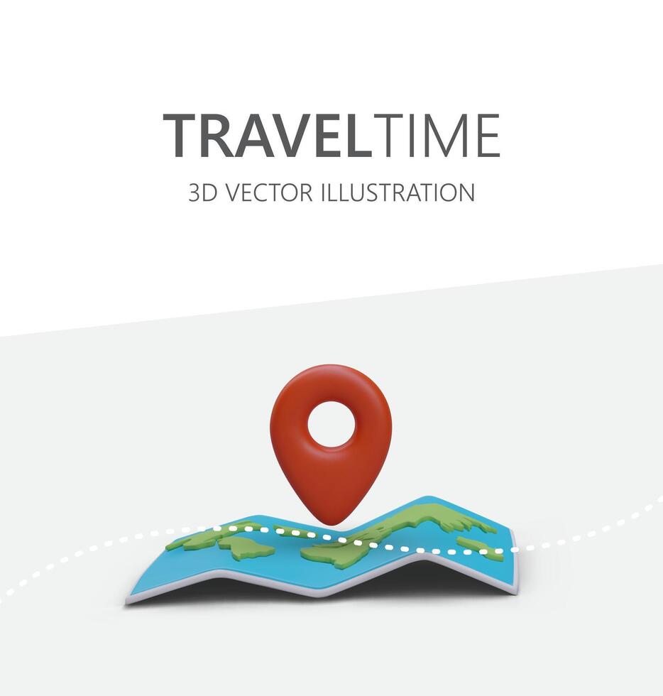 Tempo para viagem. 3d mapa com dobrar marcas. vermelho geotag indica Lugar, colocar do chegada vetor