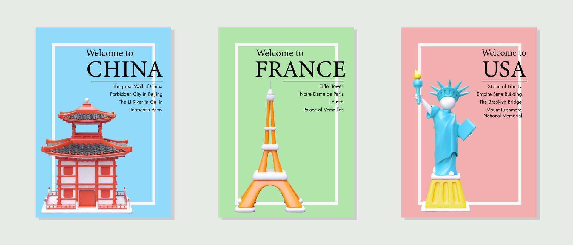 Series do cartazes em turista atrações do diferente países. bem-vinda para China, França, EUA vetor