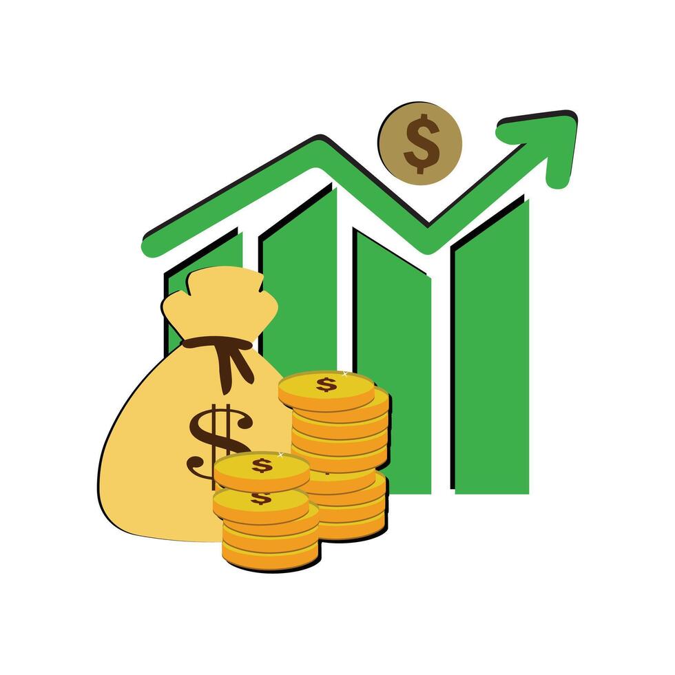 dinheiro saco gráfico aumentar, o negócio gráfico seta acima crescimento investimento. gráfico finança renda aumentar crescente. vetor ilustração plano Projeto.