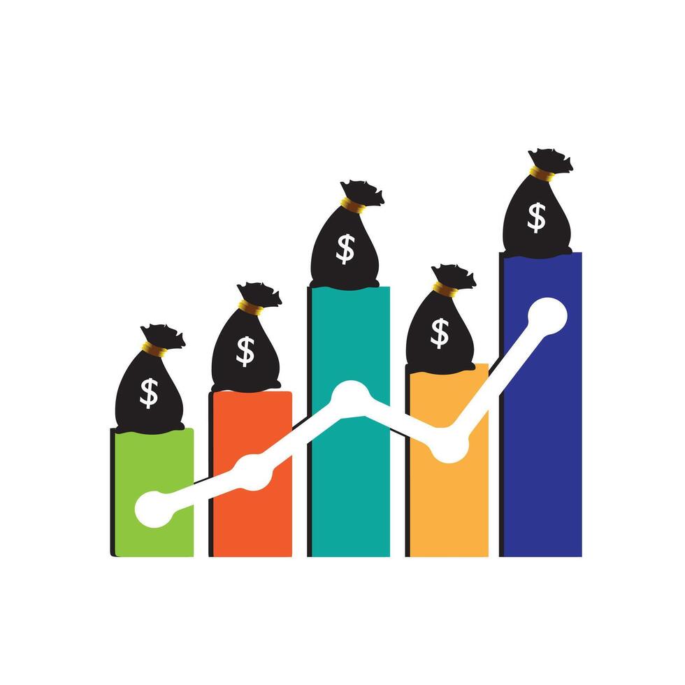 dinheiro saco gráfico aumentar, o negócio gráfico seta acima crescimento investimento. gráfico finança renda aumentar crescente. vetor ilustração plano Projeto.