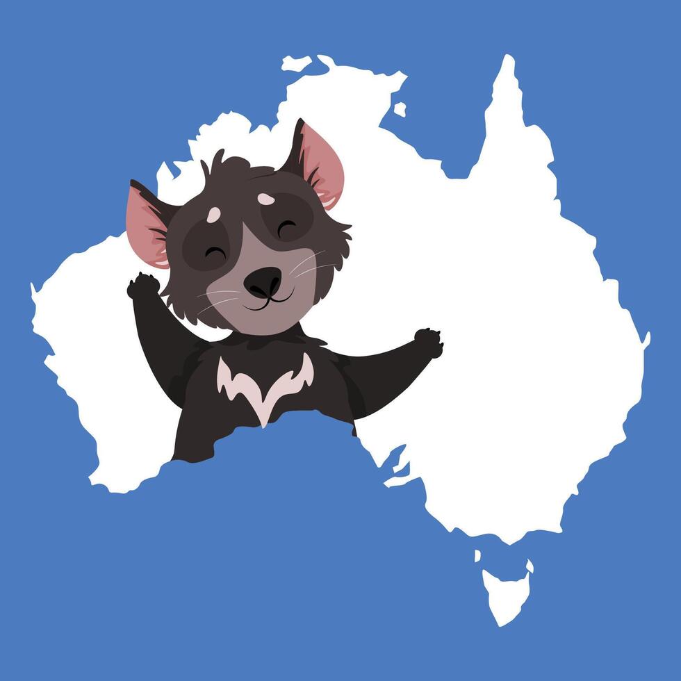 alegre desenho animado tasmaniano diabo sentado dentro uma mapa do Austrália vetor