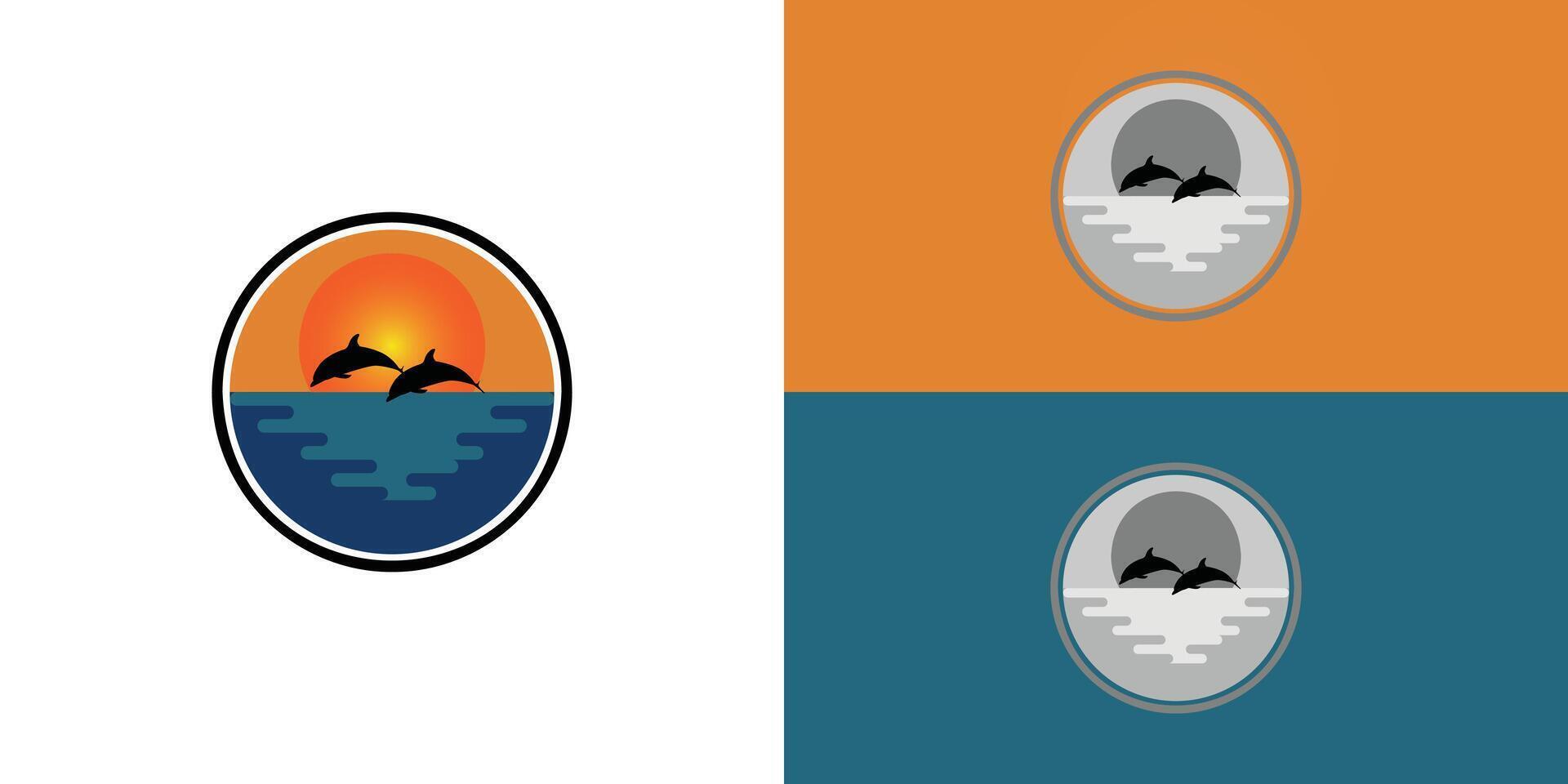 golfinho silhueta ilustração vetor animal logotipo Projeto. laranja pôr do sol nublado oceano Visão apresentado com múltiplo fundo cores. a logotipo é adequado para ao ar livre aventura logotipo Projeto modelo