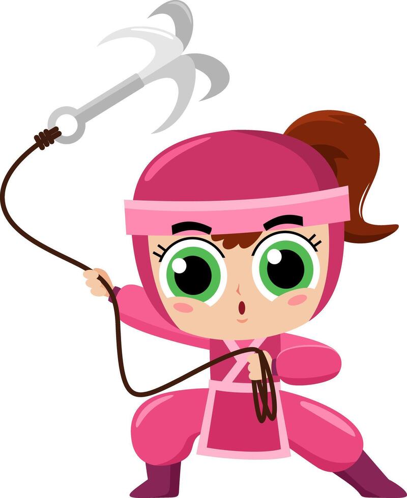 fofa ninja menina Guerreiro desenho animado personagem segurando lutando gancho. vetor ilustração plano Projeto