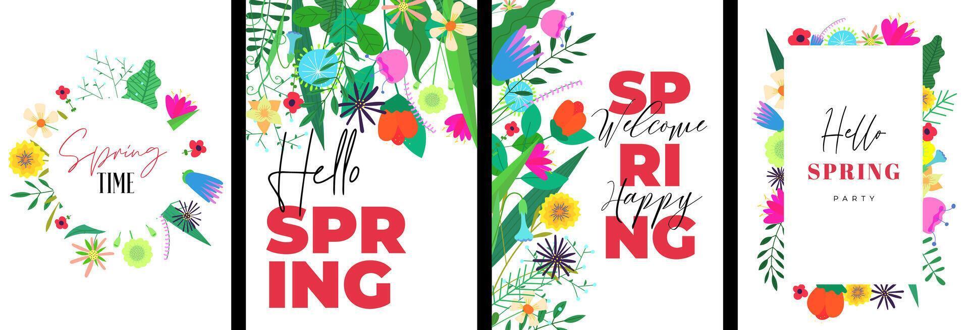 Olá Primavera poster modelo com abstrato desenhando flores floral arte mão desenhado cartaz. botânico elementos em mulheres feriado cobrir. bandeira com verão flores. ervas plantas cartão postal vetor Projeto