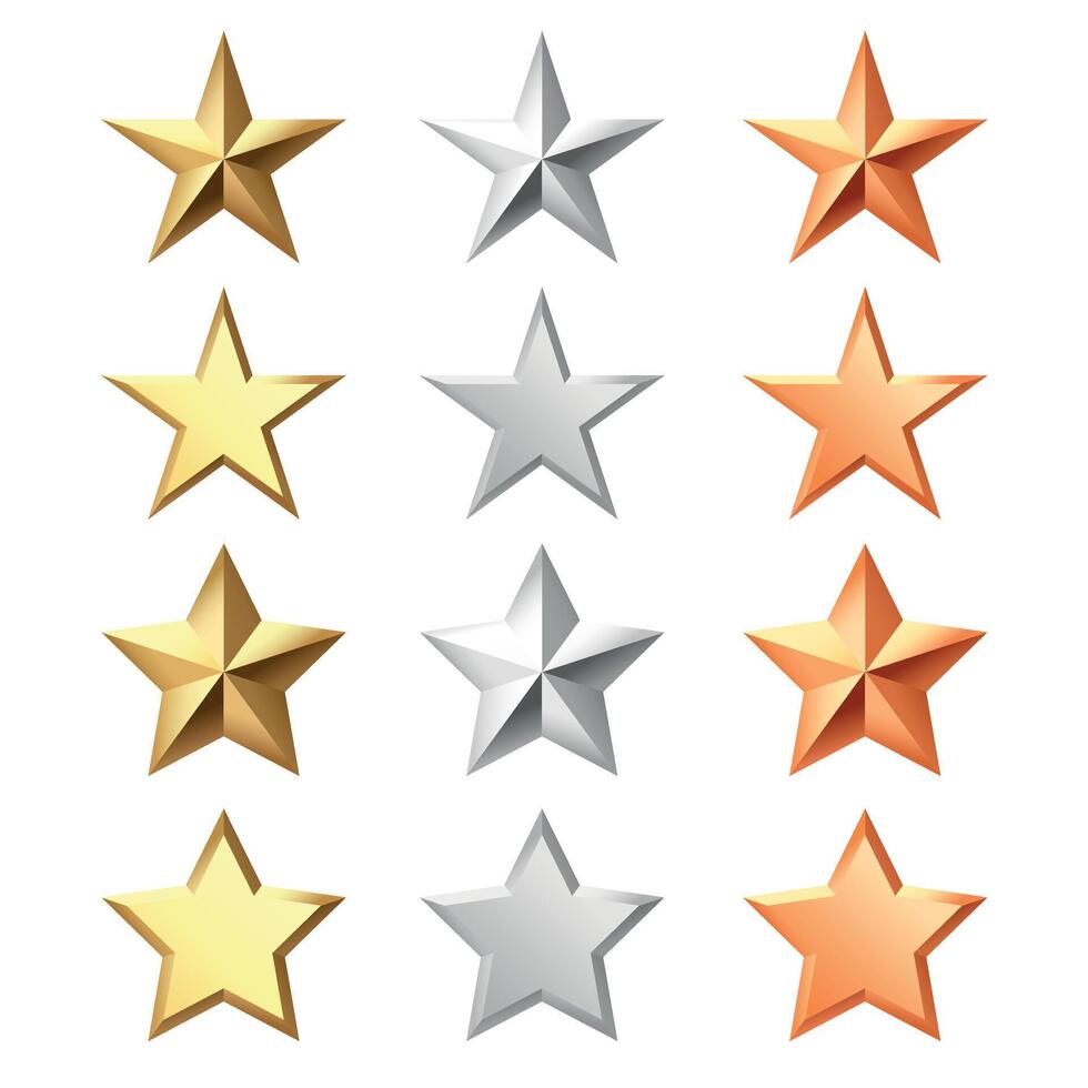 dourado, bronze, prata lustroso metálico estrelas 3d realista estilo. 1, 2, 3 Lugar, colocar símbolos. vetor